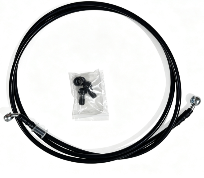 Black brake hose kit with banjo bolts and washers in accessory bag