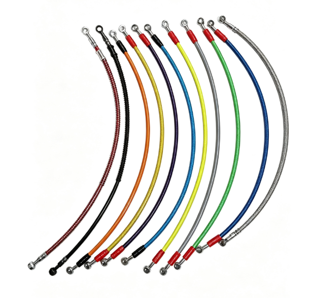 Twelve braided brake hoses in different colors