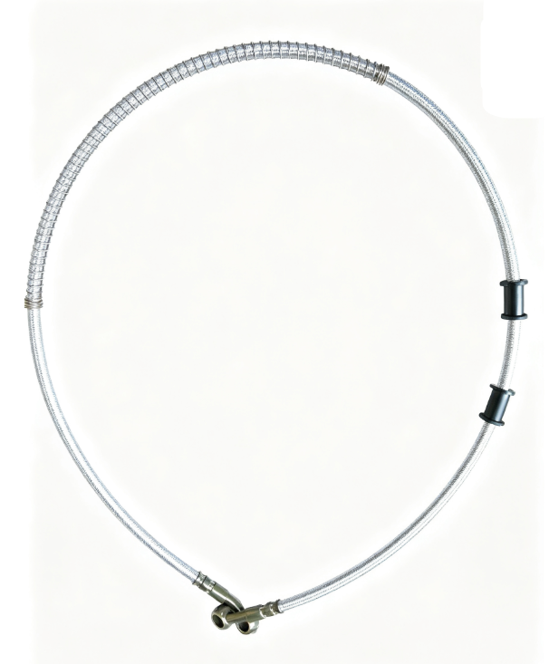 Clear coated spring guard brake hose coiled with banjo fittings