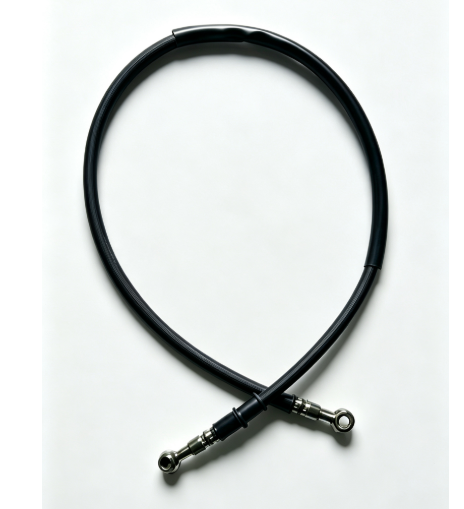 Black rubber brake hose with banjo fittings, packaged in bag