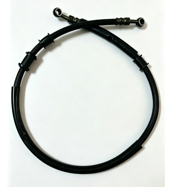 Black rubber brake hose with molded clips and banjo ends