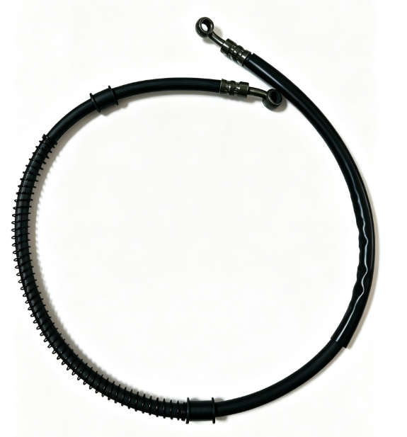 Black spring guard brake hose with banjo ends in retail bag