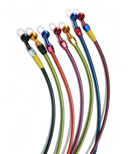Braided hoses with colorful anodized banjo fittings