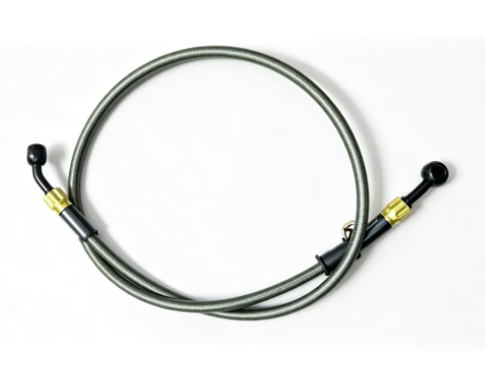 Grey stainless braided brake hose with gold banjo fittings